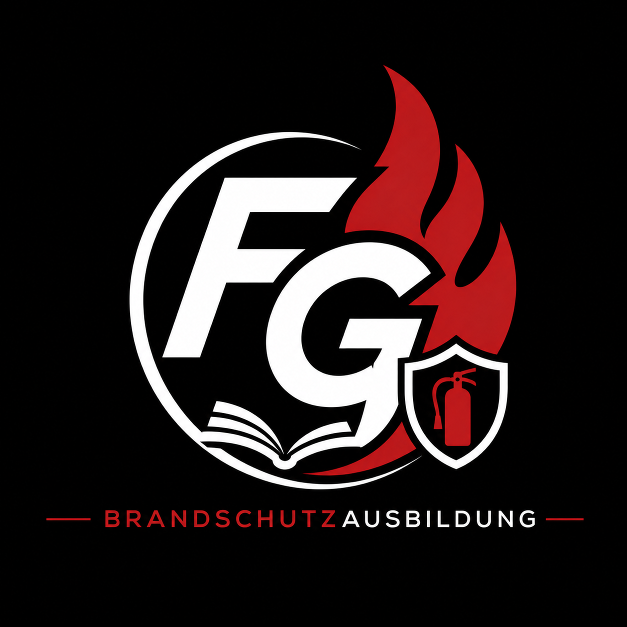 Logo Gude Brandschutz Ausbildung mit Flamme, Buch und Feuerlöscher